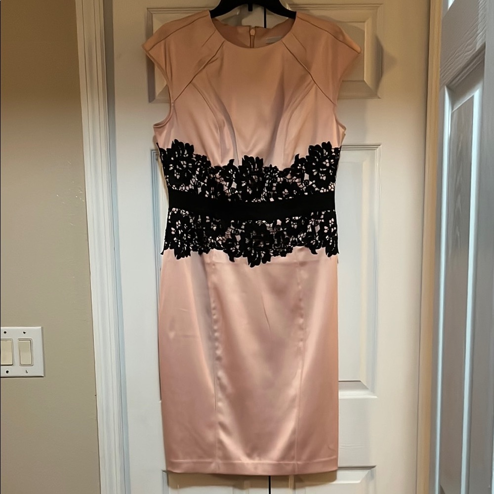 New York & Company Pink and Black Sheath Dress Cap Sleeve Midi